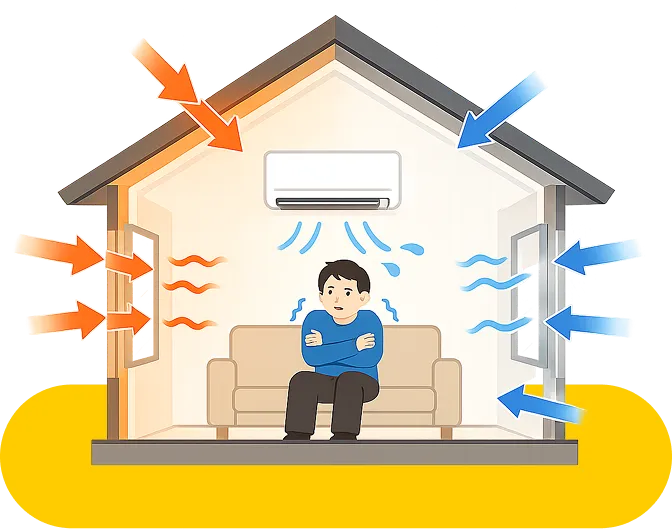 断熱材が原因で家の中の熱が逃げ入りしている図
