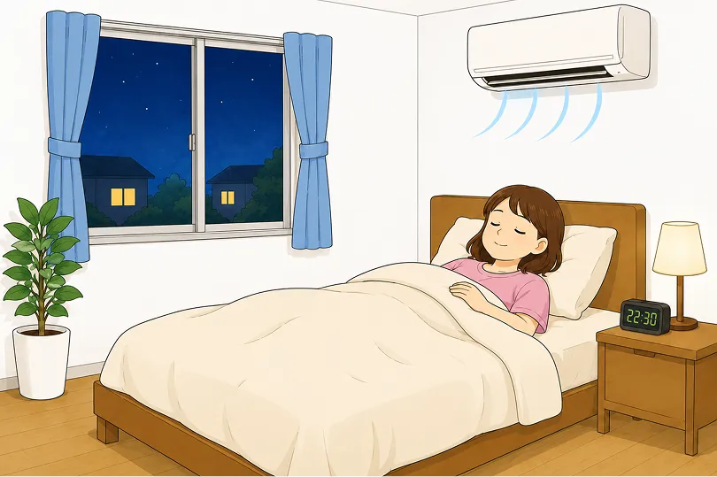 夜の寝室で快適に眠っている様子