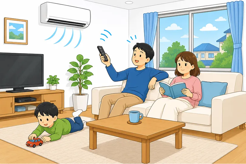 家族がエアコンの効いたリビングで快適に過ごしている様子
