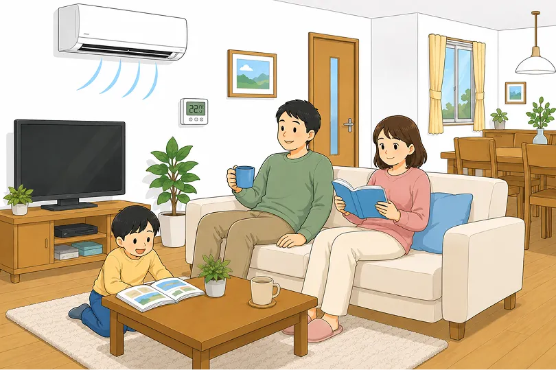 家族がエアコンの効いたリビングで快適に過ごしている様子