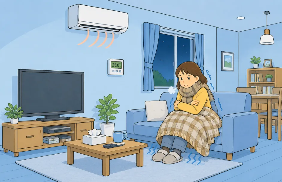 暖かい部屋から出た瞬間に寒さを感じる様子